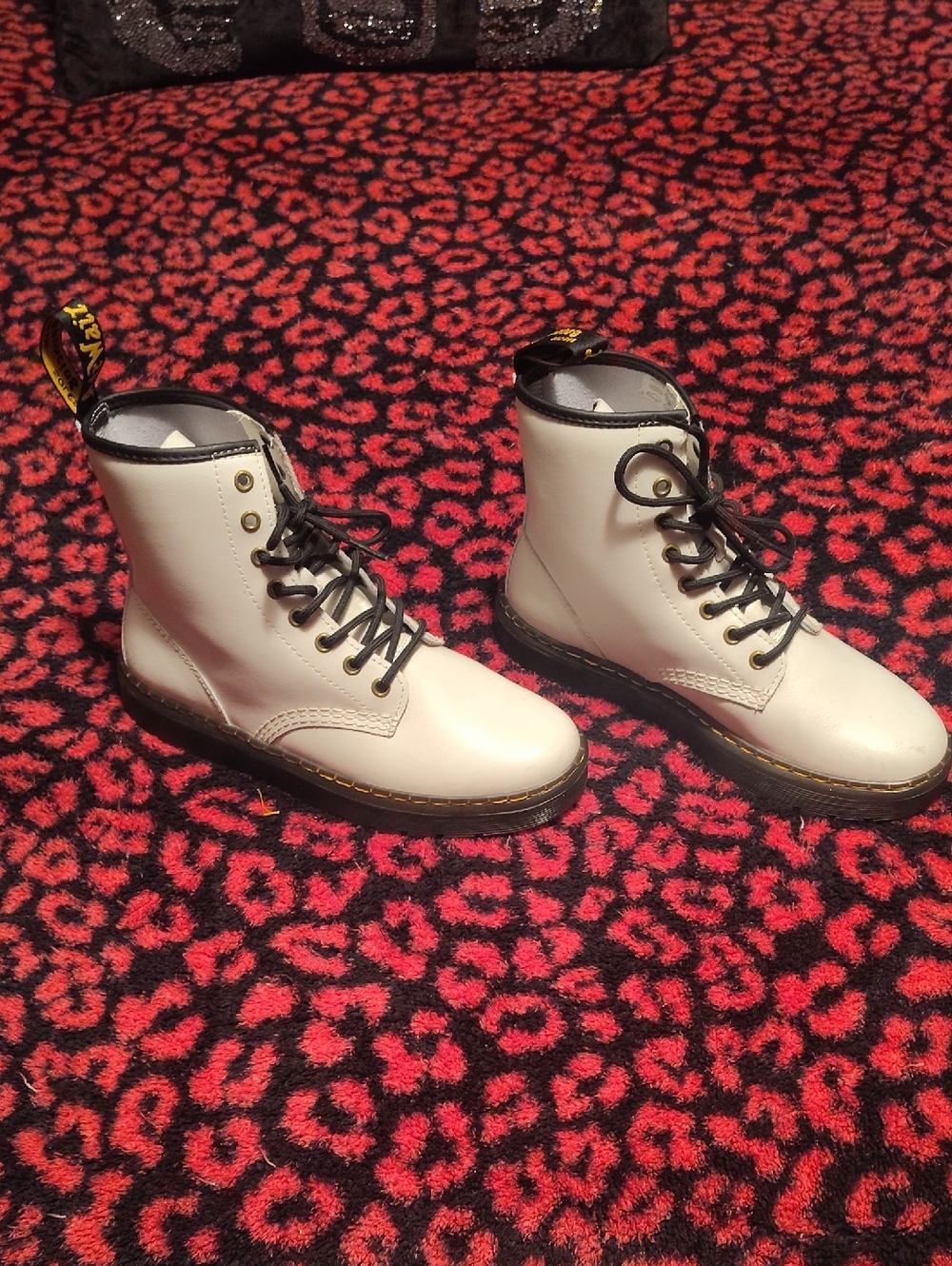 Dr. Martens White Leather Lace-Up Combat Boots with Black Trim